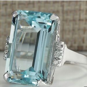 Women's Ocean Blue Large Rectangle Zircon Ring Size 9